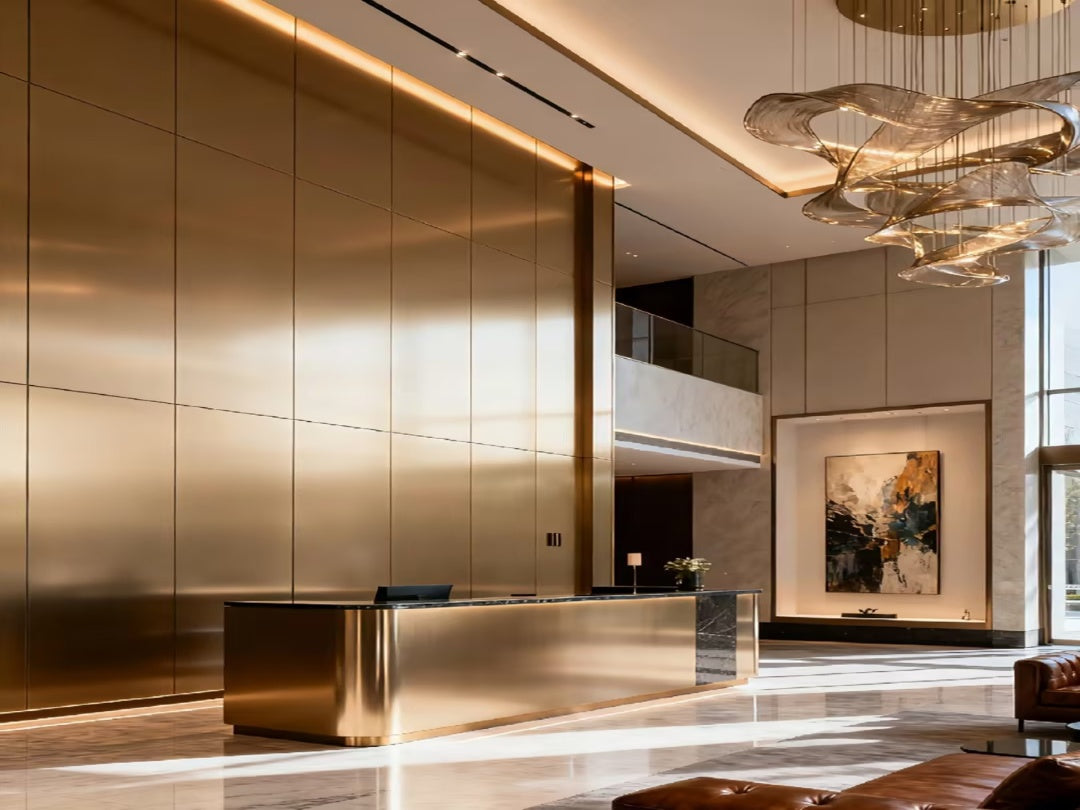 A luxurious modern lobby featuring a polished gold reception desk, a dramatic sculptural chandelier, and a towering bronze panel wall
