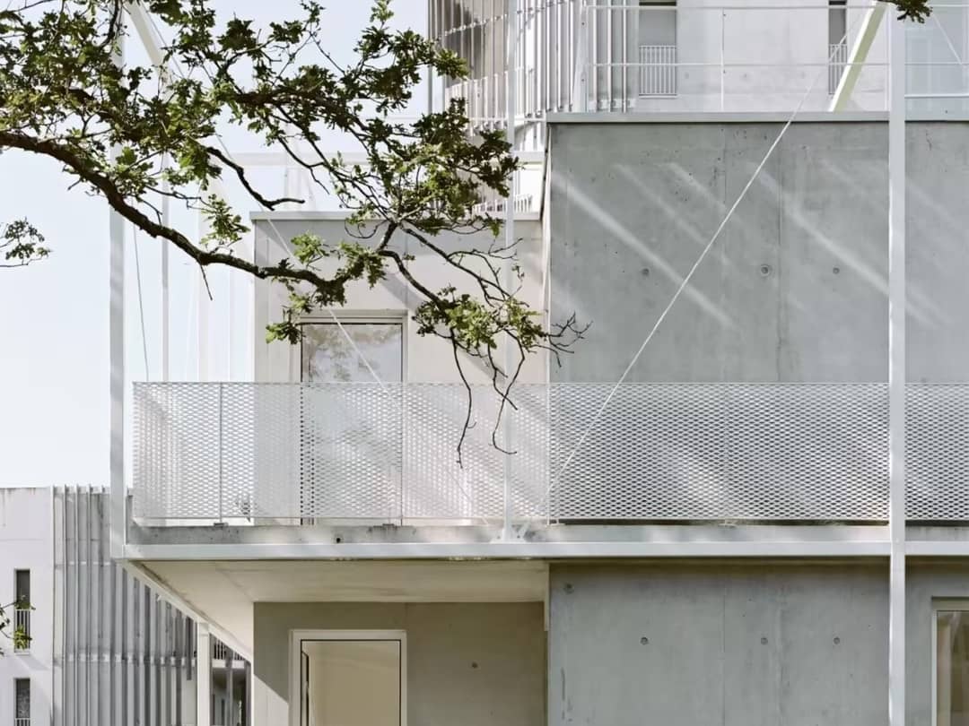 A modern concrete building with a white expanded mesh balcony railing, partially obscured by a branch of green leaves