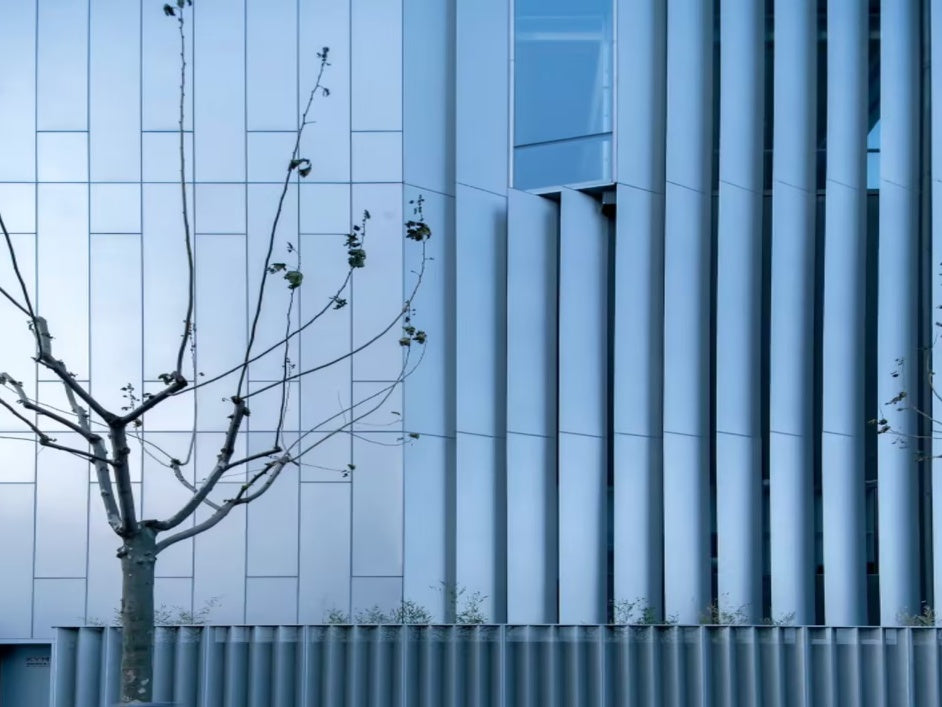 Modern building facade with vertical metal fins and a bare tree in front